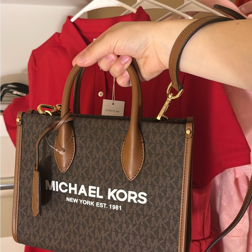 Michael Kors Brown Logo Satchel with Tan Trim